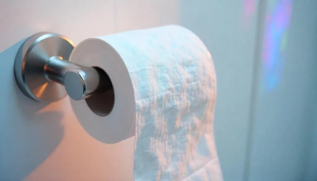 A close-up of a toilet paper roll mounted on a sleek holder in a modern bathroom.