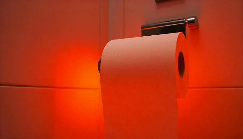 Toilet paper roll mounted on a red wall under warm lighting.