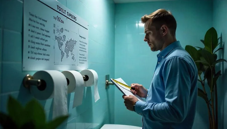 A person examining toilet paper rolls with a measuring tape in a bathroom.