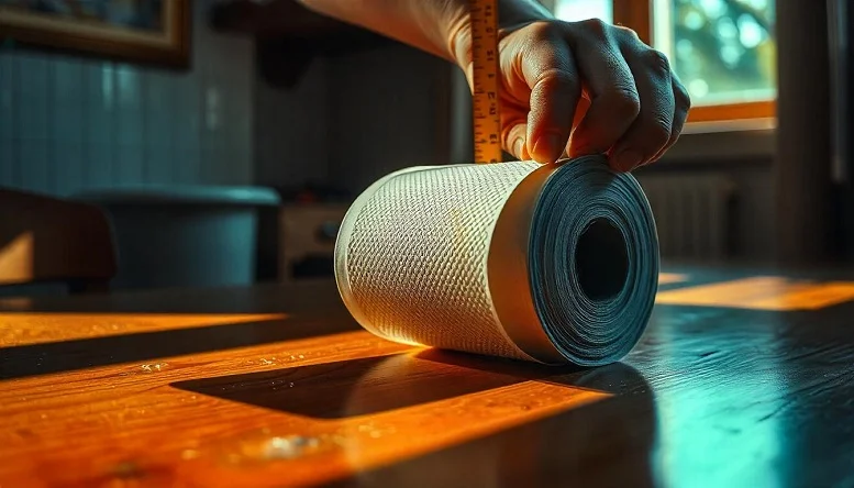 Measuring the dimensions of a toilet paper roll with a ruler on a wooden table