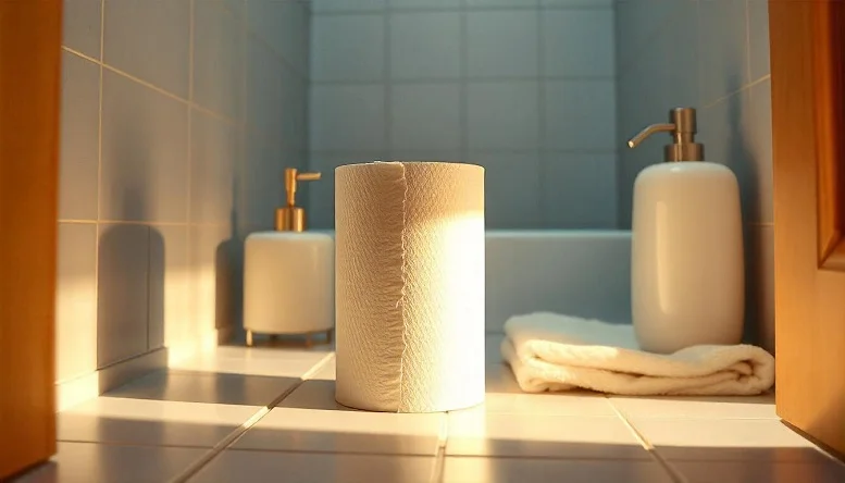 A toilet paper roll placed in a well-lit bathroom setting with minimal decor.
