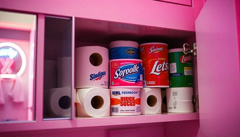 Shelves filled with various brands of toilet paper rolls in a pink cabinet.