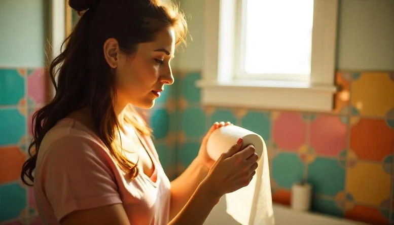 A woman inspecting a toilet paper roll in a colorful bathroom.