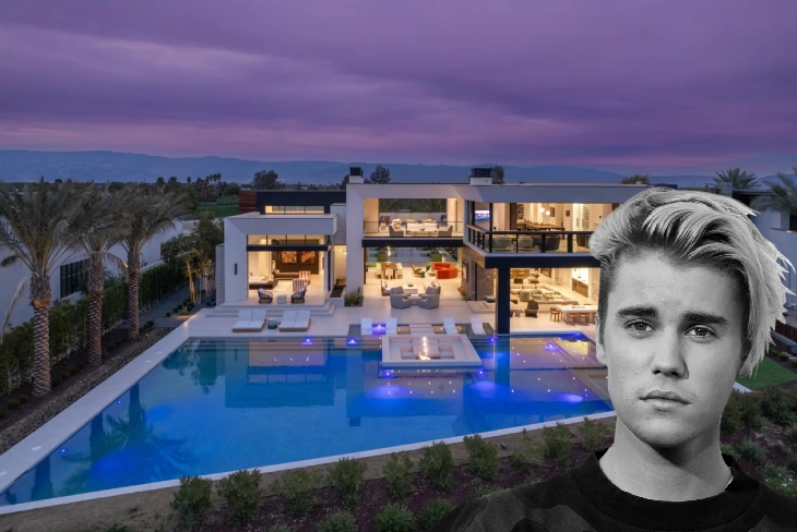 Justin Bieber's luxurious Beverly Hills mansion featuring grand hallway and infinity pool.