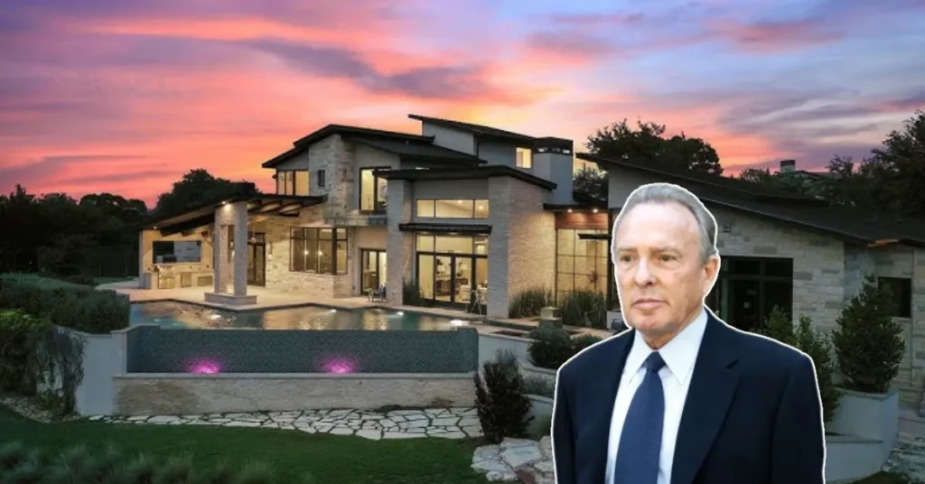 Aerial view of the luxurious Donald Bren House in Orange County, showcasing its grand design, lush gardens, and exclusive location in 2025.