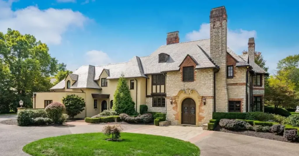Aerial view of Elizabeth Holmes House - the luxurious Green Gables Estate in Woodside featuring multiple homes and swimming pools across 74 acres