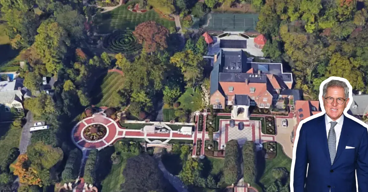 Jay Schottenstein house aerial view showing Art Deco mansion in Miami Beach with CEO portrait