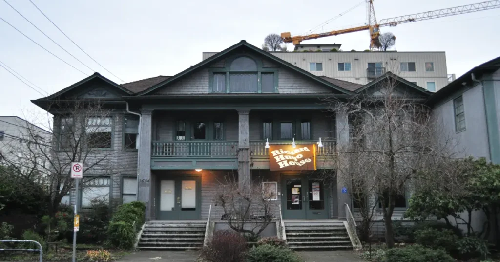Front view of Richard Hugo House, Seattle’s historic literary center, with its iconic sign and welcoming entrance on Capitol Hill.