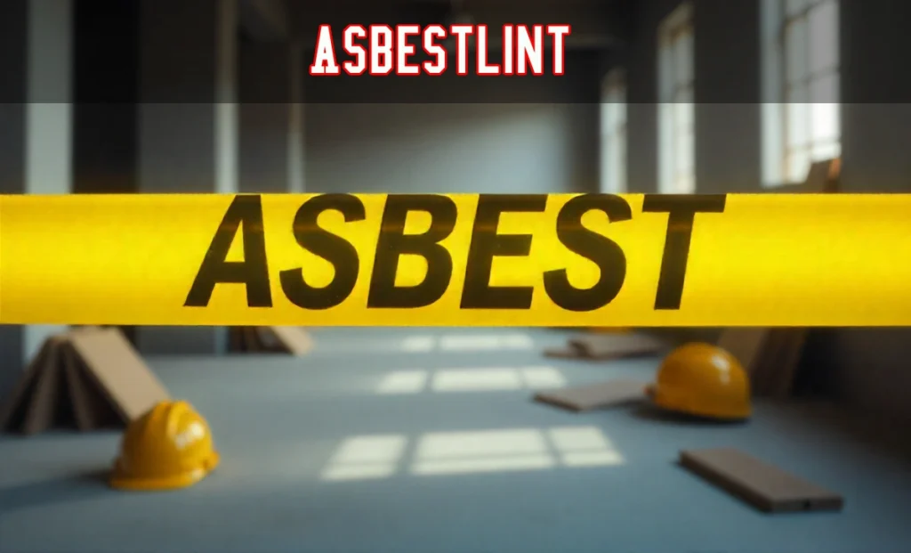 Asbestlint warning tape marking dangerous asbestos area in construction site with protective gear and safety barriers.