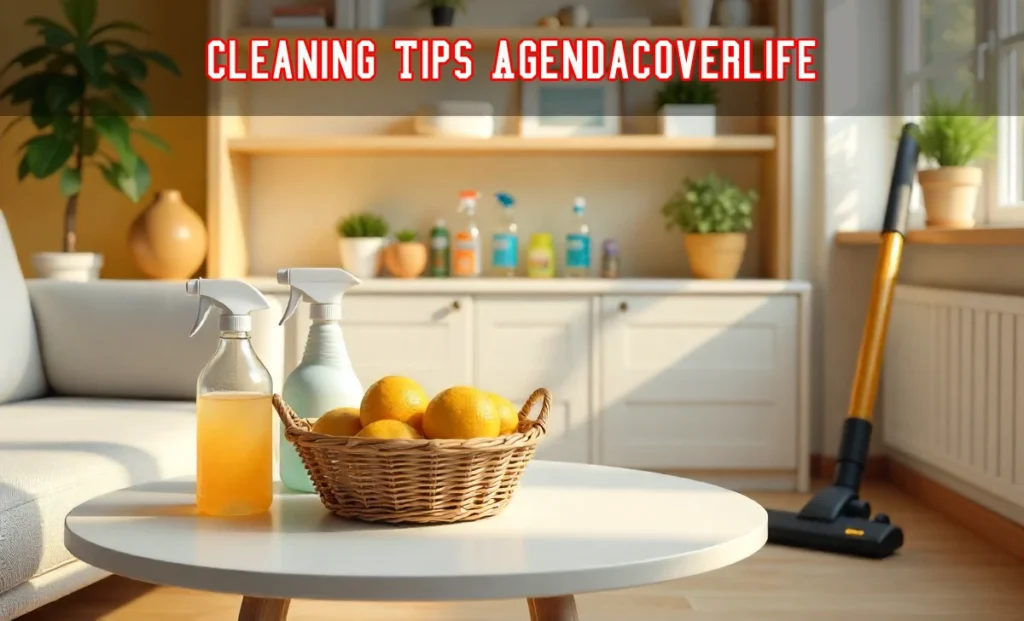 Cleaning Tips Agendacoverlife showing tidy home, natural cleaners, and organized space for a fresh and healthy lifestyle.
