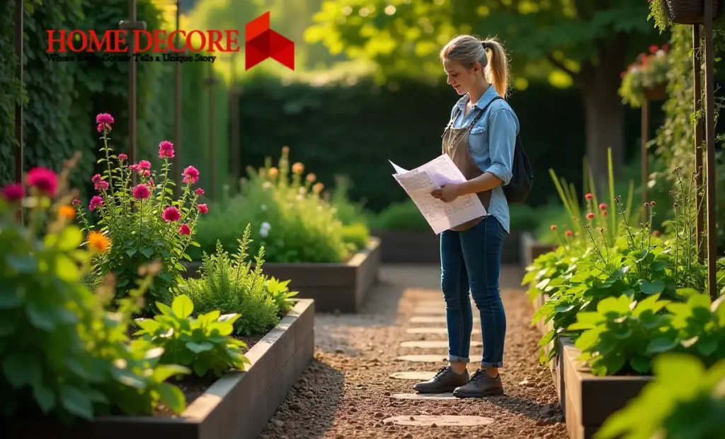 Beautiful garden illustrating Decoradhouse Garden Tips with raised beds, vertical plants, compost, and walking paths.