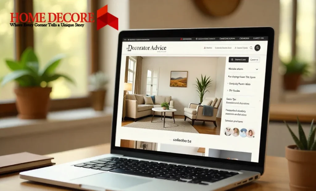 DecoratorAdvice.com homepage interface showing design tools, inspiration galleries and expert home decorating resources.