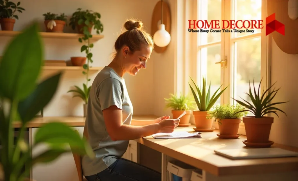 Person fixing faucet in bright kitchen with labeled bins and air-purifying plants, showcasing DrHomey Handy Tips.