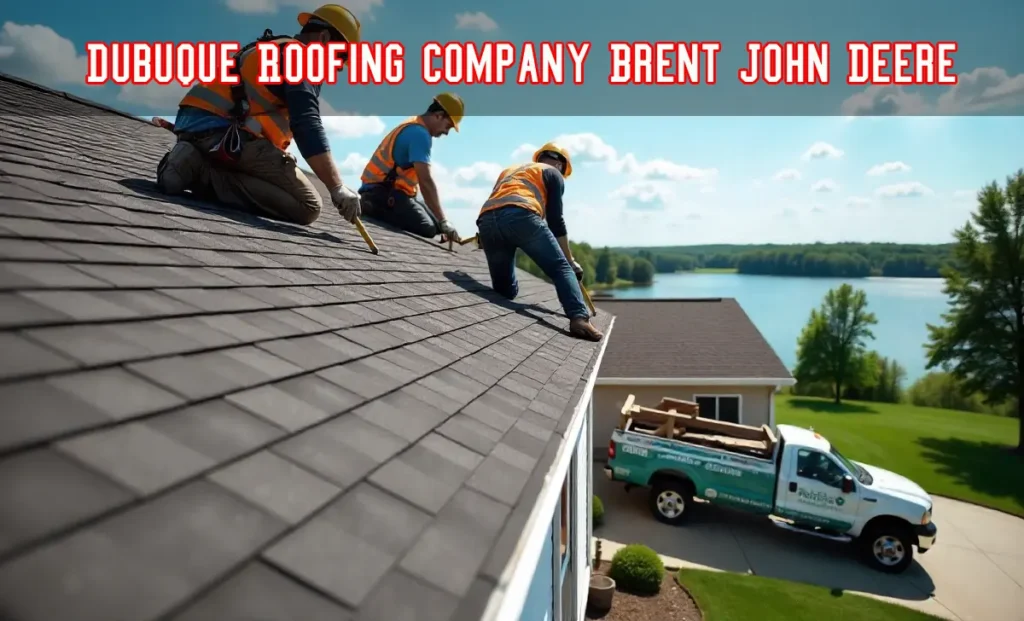 Dubuque Roofing Company Brent John Deere crew working on residential roof installation with safety equipment in Iowa