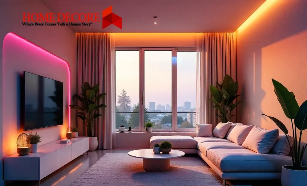 Modern smart living room with adaptive lighting and eco-friendly windows featuring Home Smart Decoradtech in 2025.