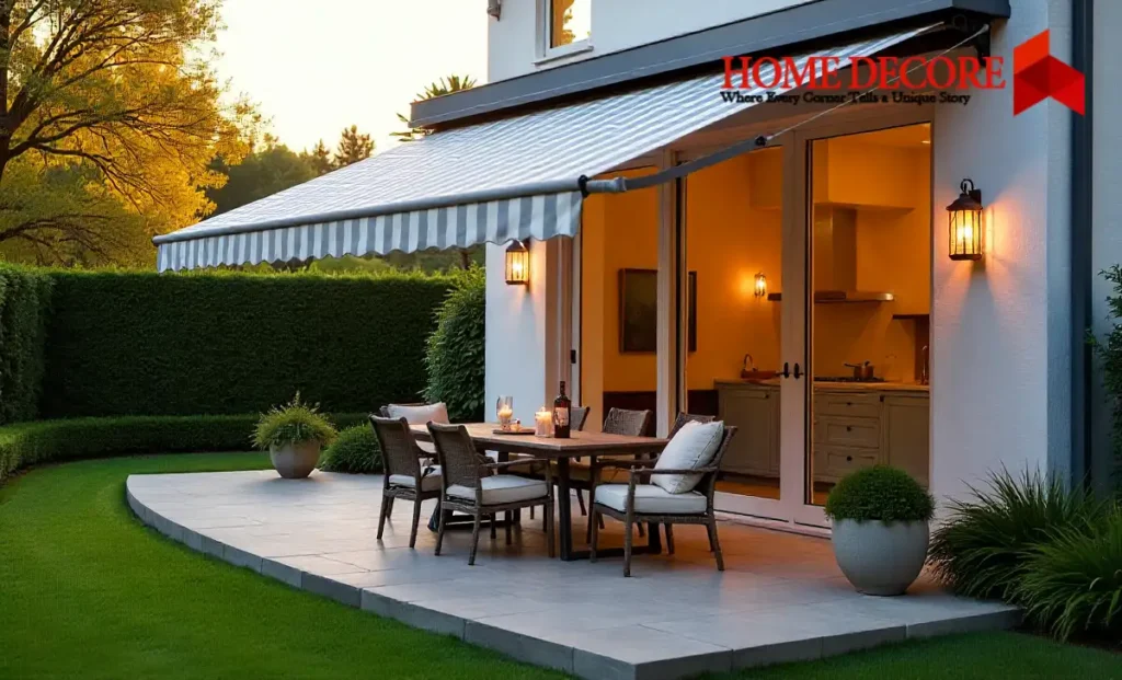 Modern retractable markiseteppe awning over patio with outdoor furniture demonstrating energy-efficient shade solution