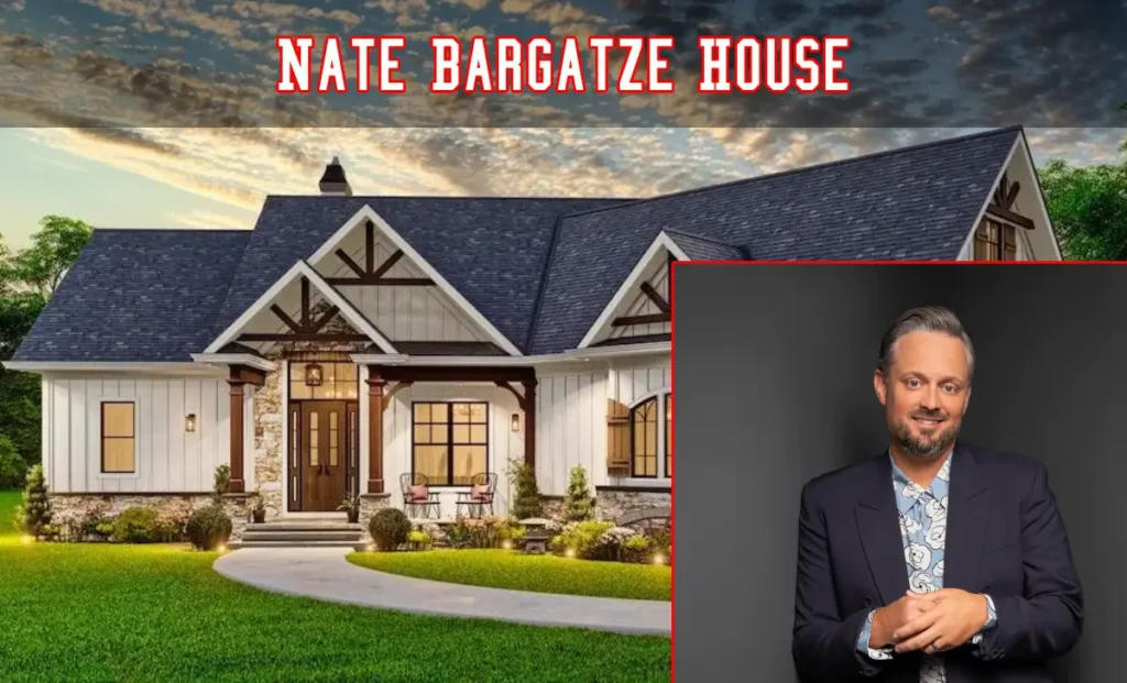 Nate Bargatze House exterior in Brentwood, TN—two-story brick home with rustic charm, landscaped lawn, and elegant design.