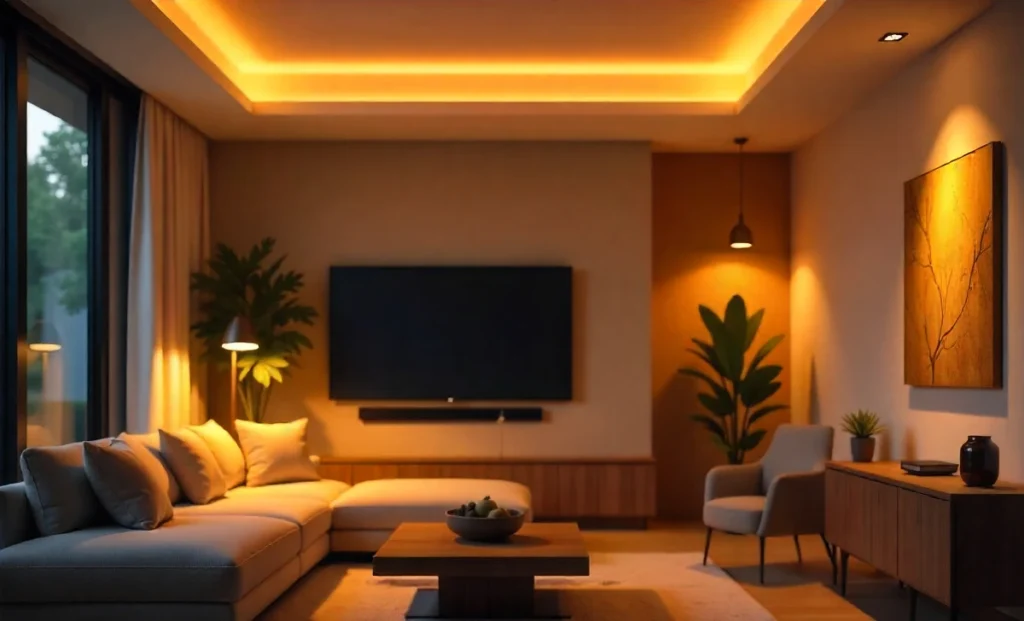 Professional Ronin Stegner Lighting Design in contemporary living room with smart controls and warm LED fixtures