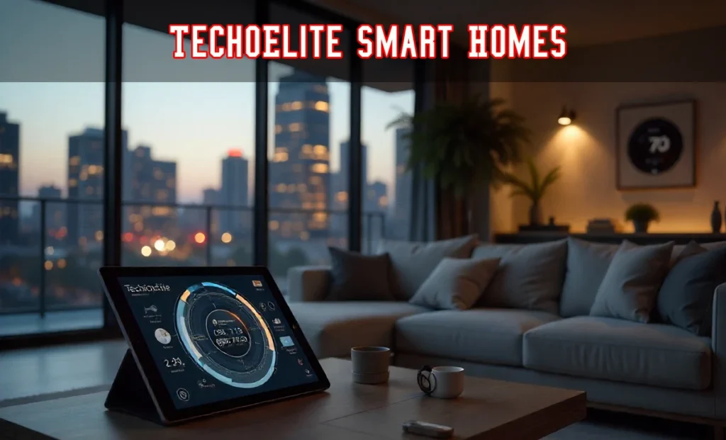 Modern techoElite smart homes displaying TechoElite control interface with automated lighting and climate systems in luxury setting