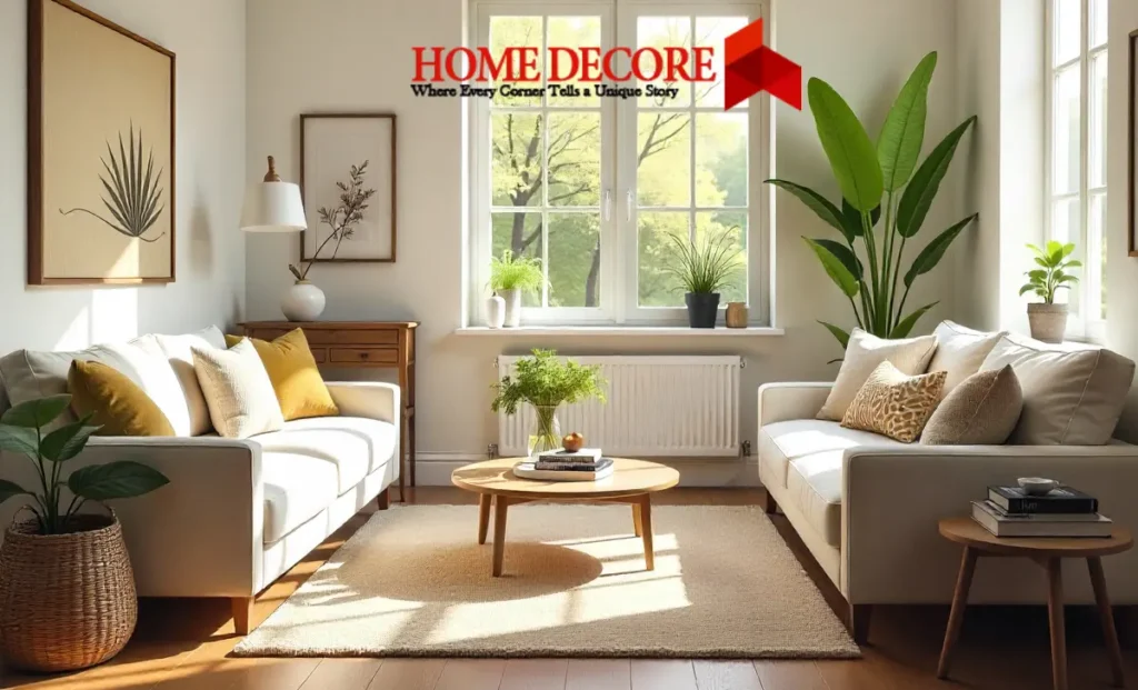 Modern living room with rustic and minimalist decor, inspired by Thehometrotters .com home improvement trends.