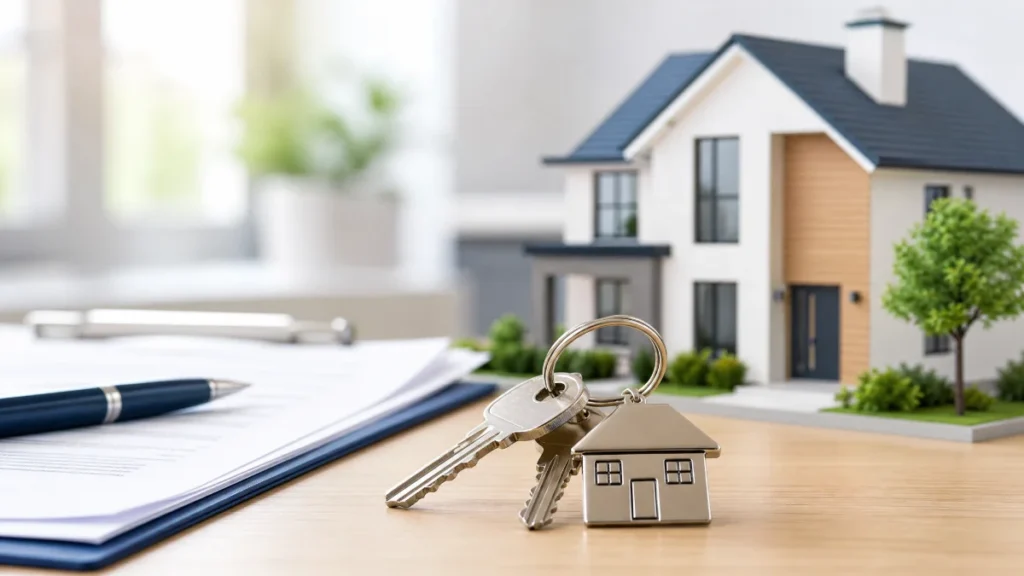 A set of house keys on a legal document with a modern UK home in the background, representing a successful residential property transaction.